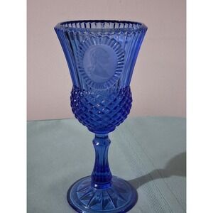 Fostoria Cobalt Blue George Washington Cameo Goblet Diamond Point Glass Chalice
